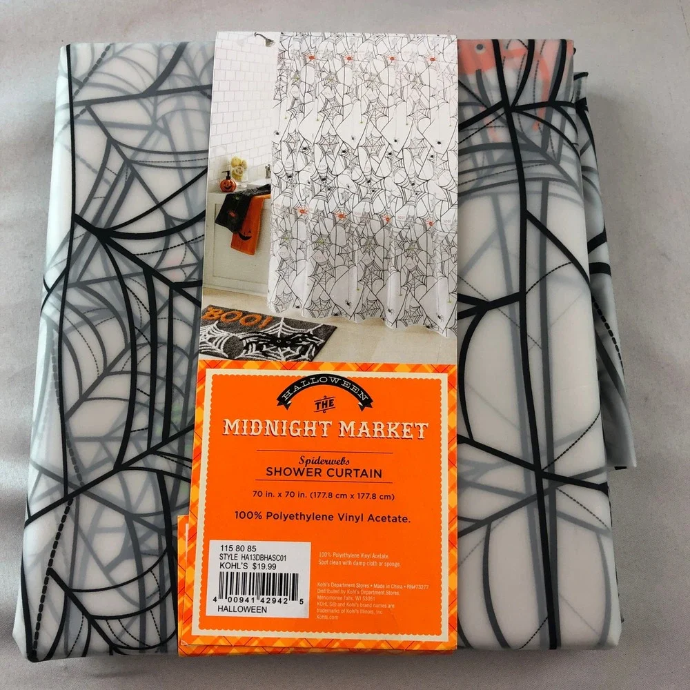 The Midnight Market Halloween Spiderwebs Shower Curtain 70x70 PEVA Vinyl